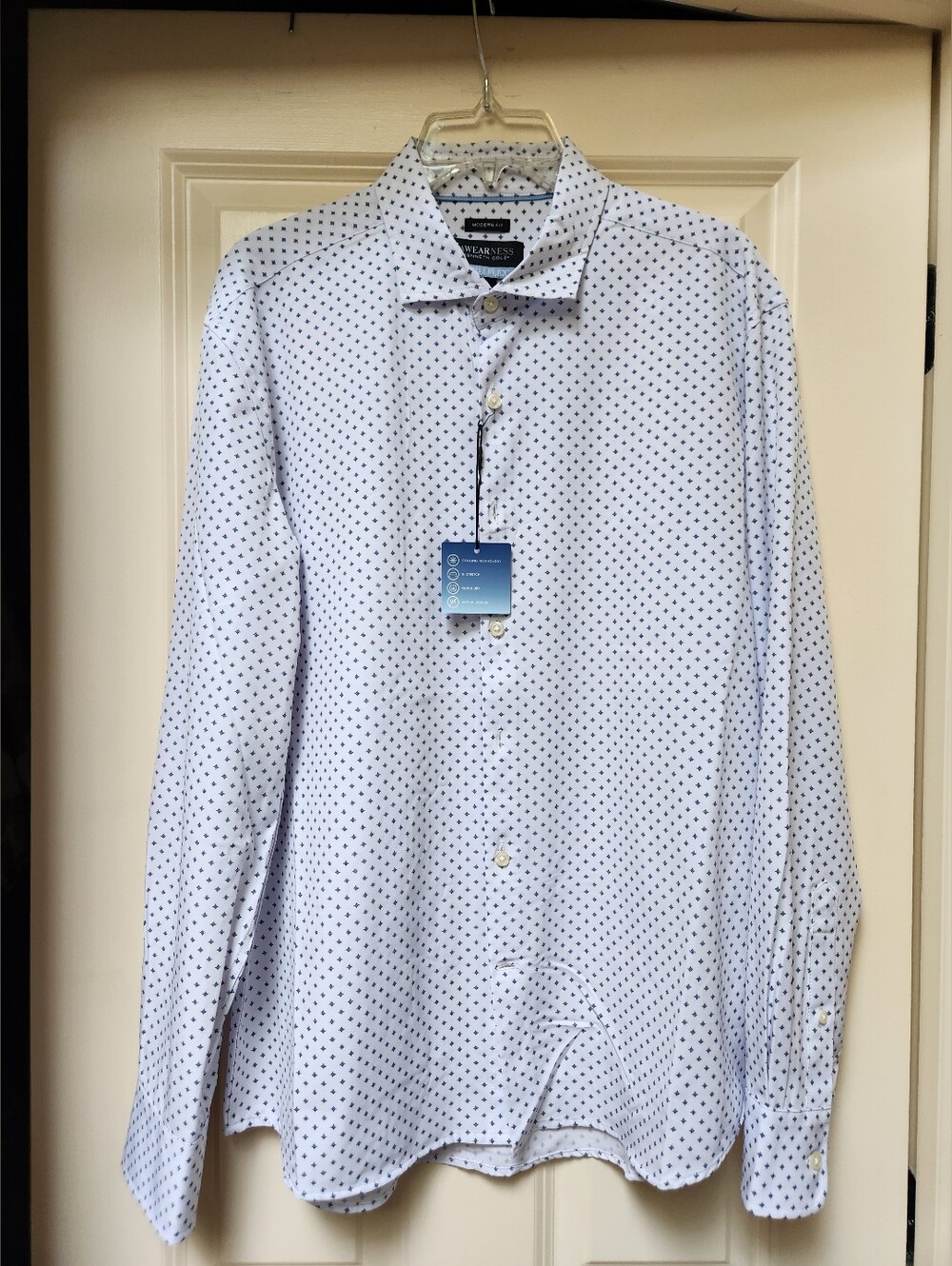 Kenneth Cole Mens Chillflex White Dress Shirt with Navy Print, Size L